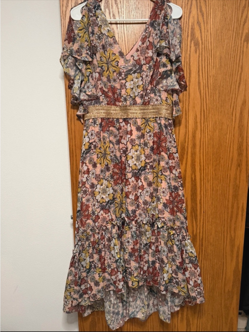 Floral V-Neck Ruffle Midi Dress in Multi-Color